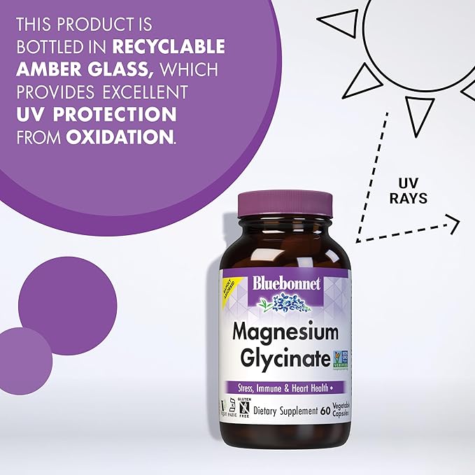 Bluebonnet Magnesium Glycinate, Energy Production*, Enzyme Function*, Non-GMO Certified by NSF, Vegan, Kosher Certified, Gluten-Free, Soy-Free, Dairy-Free, 60 Vegetable Capsules, 15 Servings
