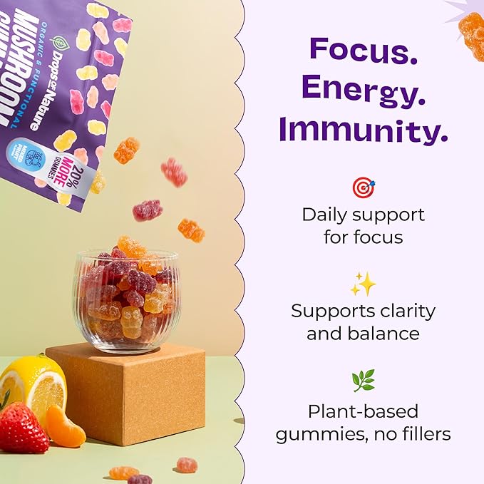 Ashwagandha Gummies and Lions Mane Mushroom Gummies Supplement - Organic - Reishi, Cordyceps, Turkey Tail, Maitake, Shitake, Chaga - Immune Defense, Boosts Cognitive Performance, Vegan, Low Carb