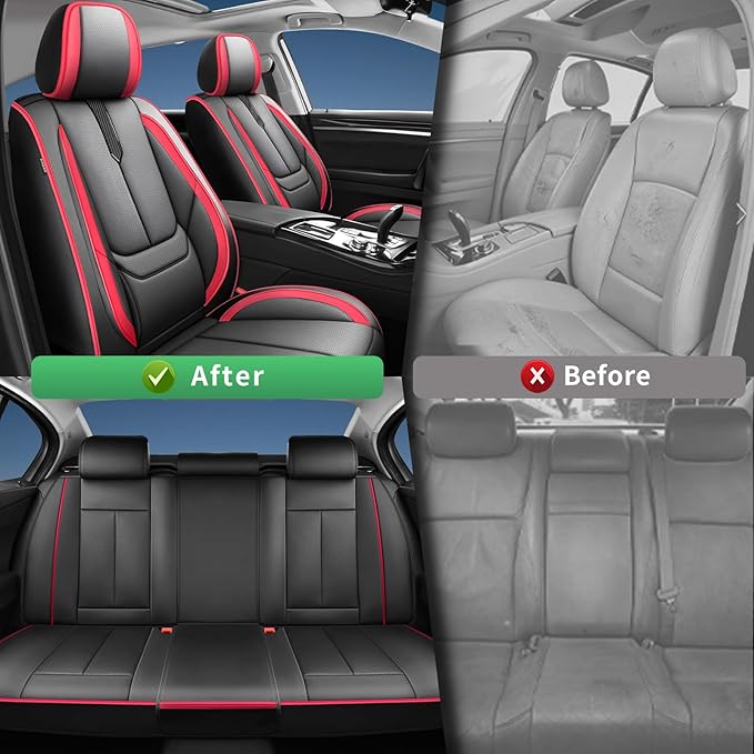 Fit CRV Car Seat Covers for Honda CR-V 2013-2024 2025 2026-Upgraded Premium Waterproof & Breathable Leather,Airbag Compatible,All-Weather Seat Cushion Protector,2 Front/Black-Red