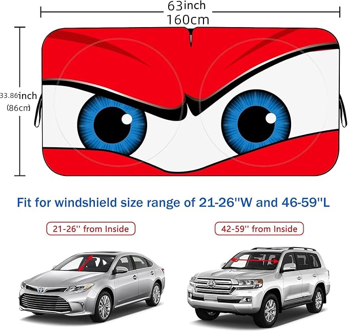 Car Windshield Sun Shade, Funny Eyes Sun Visor, Wear-Resistant Black Tape, Foldable 160x86cm/63x33.86inch