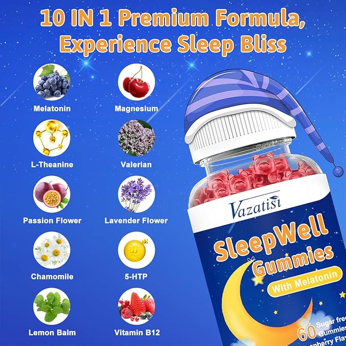 Sleep Gummies for Adults and Kids - Sugar Free Melatonin Gummies with 7.5mg of Melatonin Per Gummy, Magnesium, L-Theanine, Vitamin B12, Vegetarian - 60 Raspberry Gummies