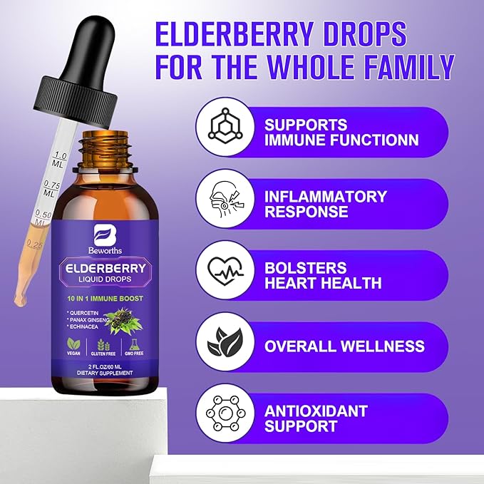 Elderberry Syrup | Organic Quercetin Black Elderberry Liquid Drops for Kids & Adults | Sambucus Elderberry Extract with Vitamin C, D3, Zinc | Vegan, Gluten Free, 2 Pack
