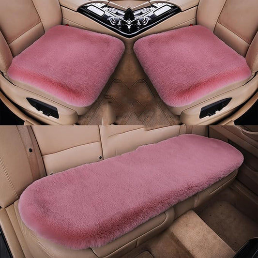 Plush Car Seat Cushion, Soft Warm Fuzzy Faux Rabbit Fur Fluffy Plush Auto Seat Cover Vehicle Car Front and Back Seat Protector Pad with Non-Slip Backing Cushion Interior Universal Fit (Pink2,3PCS)