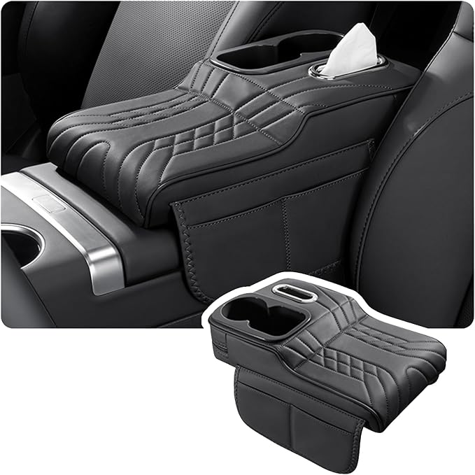 Car Armrest Storage Box for Cadillac XT4 2018–2025 2020 2021 2022 2023 2024, Sport-Style Center Console Organizer with Side Pocket, PU Leather Armrest Cushion, Elbow Support Pad,A Black