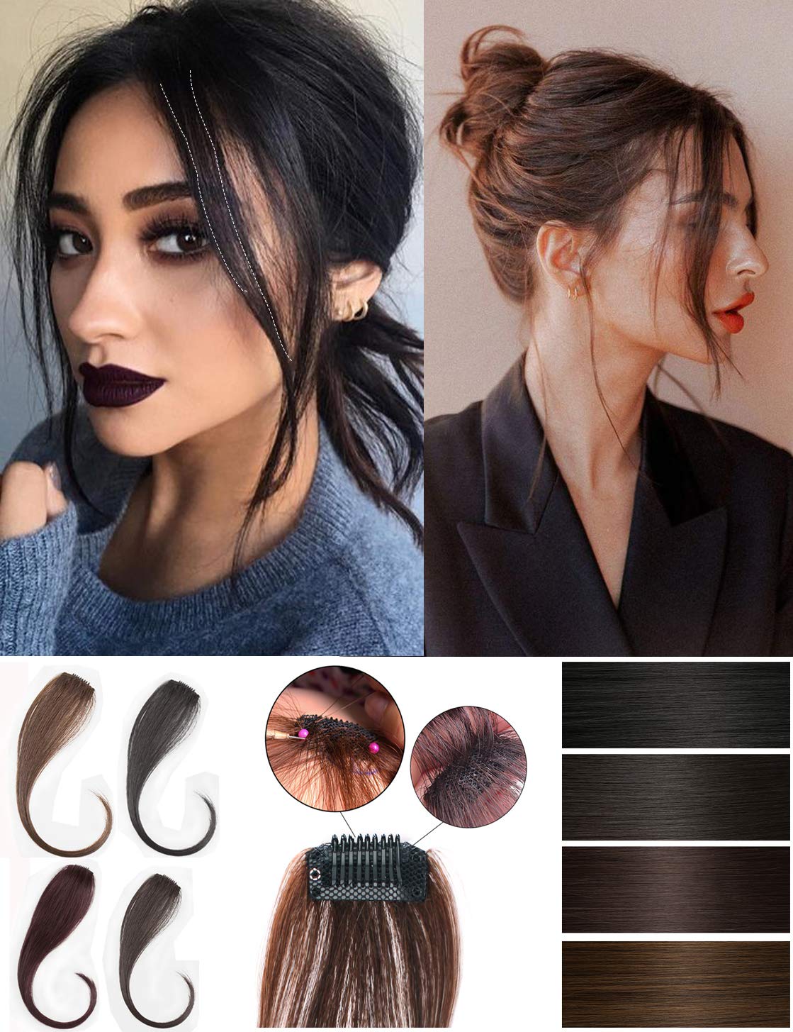 Human Hair Front Hairline Extension Easy Wear Clip In Bangs For Women 2 Pcs 12'' Light Brown