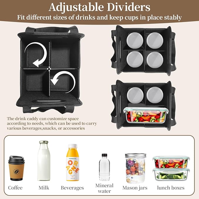 4 Cup Drink Carrier with Handle, Reusable Cup Carriers for Drinks, Portable Foldable Insulated Coffee Cup Drink Holder for Delivery and Caddy