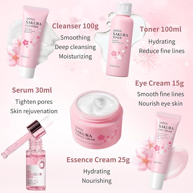 9 Pcs Japan Sakura Skincare Set Teen Girls Gifts - Skin Care for Teens 10-12 - Japanese Skin Care Routine Kit for Women - Travel Size Face Care Set with Cleanser,Sunscreen,Headband,Roller