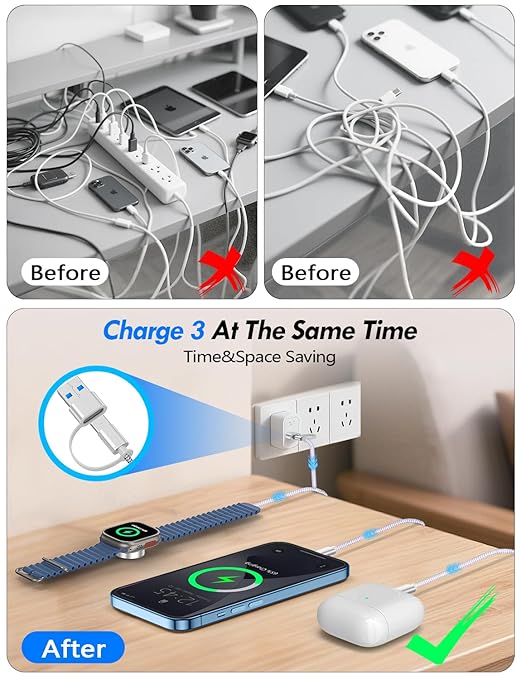 2 Pack Multi Charging Cable Cord for Travel Essentials,Apple Watch Charger,iPhone Charger,[3-in-2] Type C/L Cable Portable Designed for iWatch,iPhone 17-8,Galaxy S25-21,AirPods,iPad-4FT Purple
