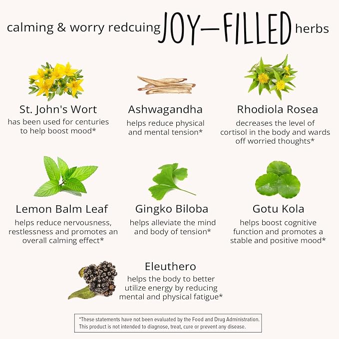 Joy-Filled Mood Support Supplement with St. Johns Wort 180 Ct | Rhodiola Rosea, Eleuthero, Ashwagandha | Stress Relief – Helps Calm The Mind & Body | 100% Plant-Based Happy Pills | Herbal Adaptogens