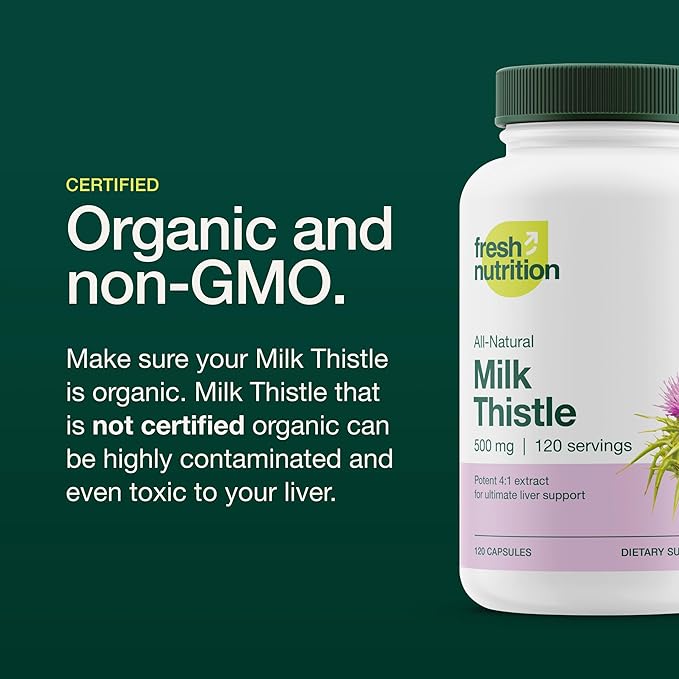 Fresh Nutrition Organic Milk Thistle Supplement - 2000mg Potent Strength – 4 Month Supply – Silymarin Thistle Seed Standardized Extract 4:1 - Made in The USA - 120 Capsules
