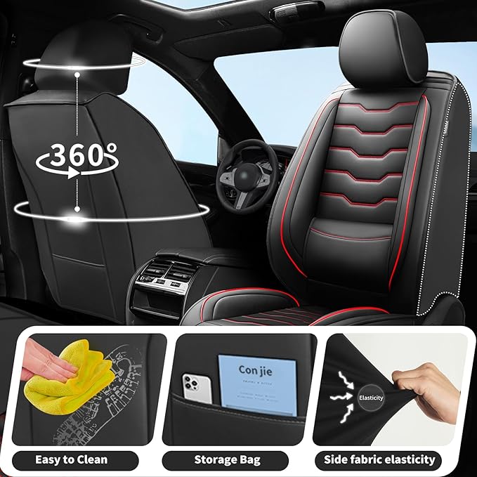 Fit Sentra Car Seat Covers Compatible with Nissan Sentra 2001-2025 2026 - Premium Leather，Waterproof Breathable，All-Weather Seat Cushion Protecto&Airbag Compatible (2 Front Seat Red Line Black)