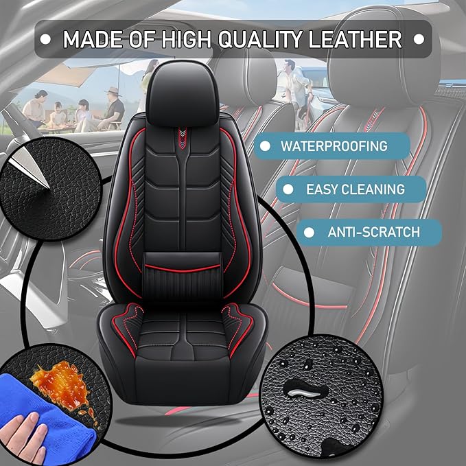 Leather Car Seat Covers Fit for Toyota Camry Solara 2004-2008, 5 Seater Car Seat Cover, Premium Waterproof, Scratch Resistant Car Interior Accessories (Full Set Black Red)