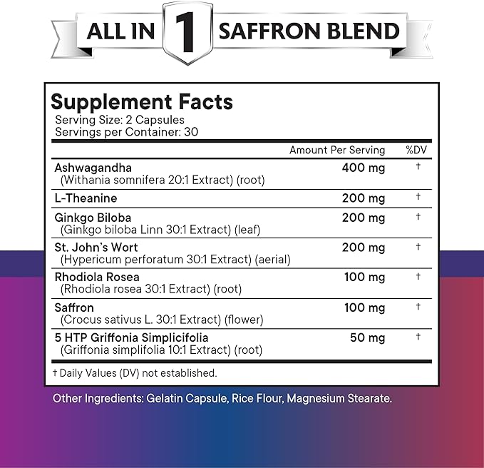 NEW AGE Saffron Supplements with Ashwagandha - Support with L-Theanine, Ginkgo Biloba, St. John's Wort, Rhodiola Rosea & 5-HTP - Saffron 180 Count