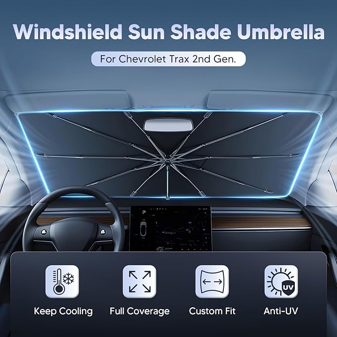 Autorder Windshield Sun Shade Umbrella for 2024-2026 Chevy Chevrolet Trax Accessories,Upgraded Ice Crystal Material,Easy Setup Umbrella Sunshade for Car Windshield,100% Sun Blocking