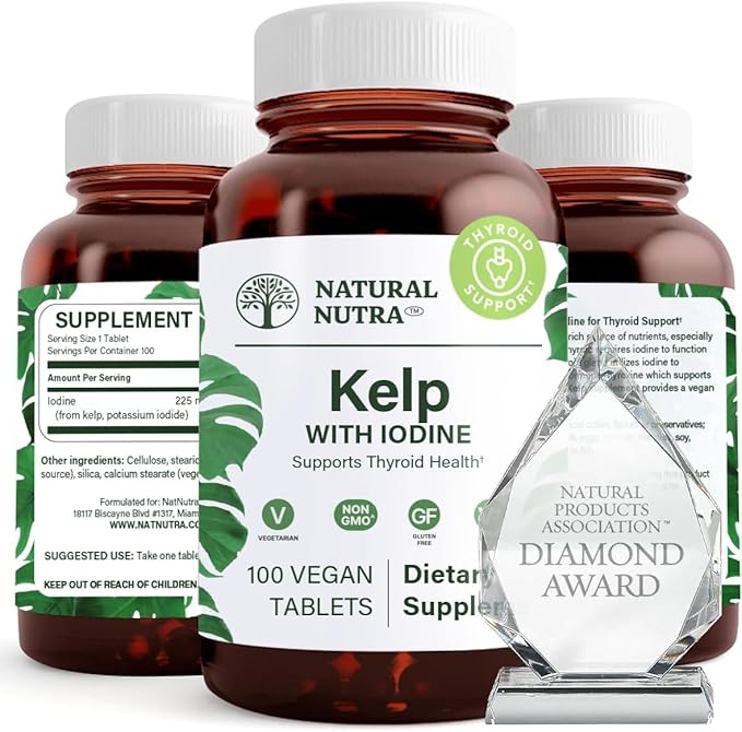 Natural Nutra Kelp Iodine Thyroid Support Supplement, Strengthens Immune System, and Regulates Metabolism, Vegan Sea Kelp, Non GMO, Atlantic Sourced Seaweed Extract, 225 mcg, 100 Tablets