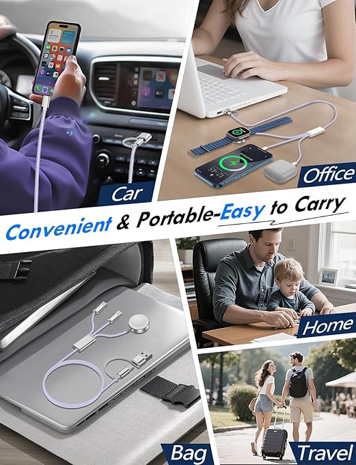 2 Pack Multi Charging Cable Cord for Travel Essentials,Apple Watch Charger,iPhone Charger,[3-in-2] Type C/L Cable Portable Designed for iWatch,iPhone 17-8,Galaxy S25-21,AirPods,iPad-4FT Purple