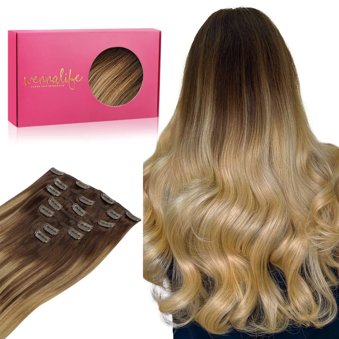 Wennalife Clip In Hair Extensions Real Human Hair, 20 Inch 120G 7Pcs Balayage Chocolate Brown To Dirty Blonde Hair Extensions Cl
