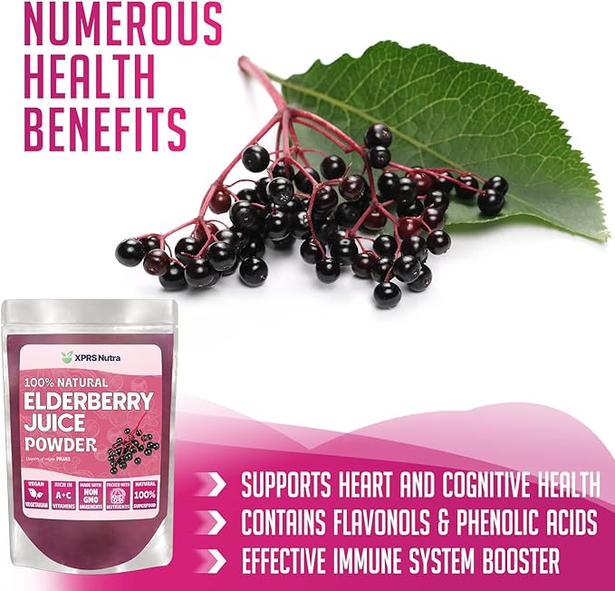 XPRS Nutra Elderberry Juice Powder - Elderberry Powder Organic Fruit Juice Mix - Powdered Elderberries Supplement Rich in Vitamins A and C (8 oz)