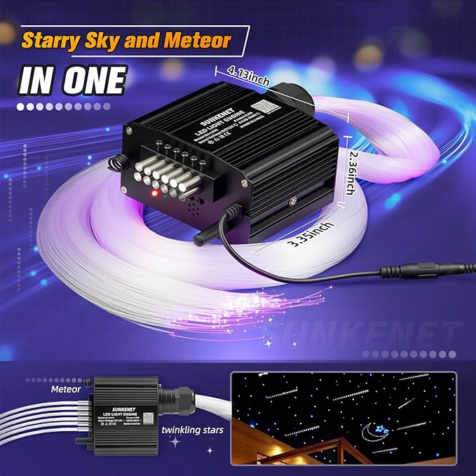 12W Twinkle & Meteor 2 in 1 RGBW Starlight Headliner Kit, 450pcs of(0.03+0.04+0.06in)*9.8ft+96pcs Shooting Star kit for Car Roof/Home Ceiling with Bluetooth APP/Remote Control/Music Effect