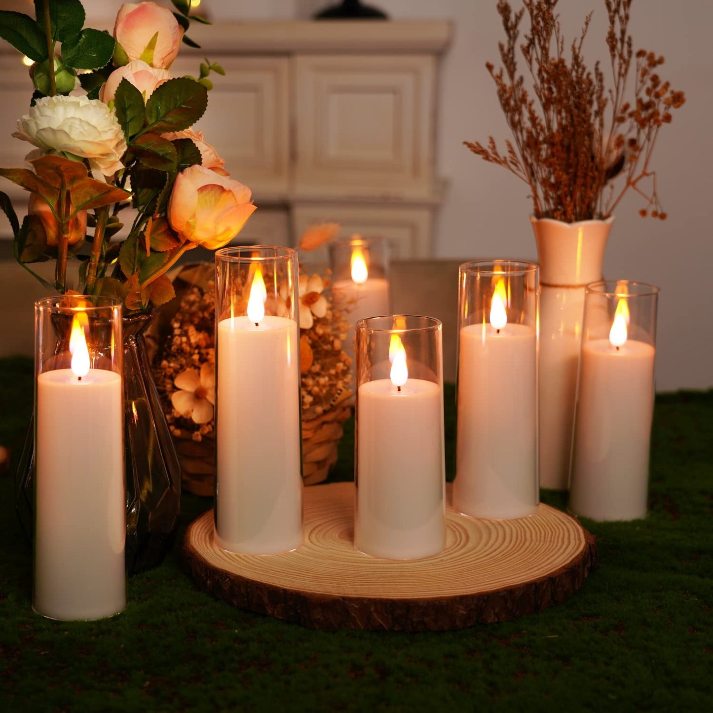 Amagic Pure White Flameless Candles, Battery Operated Candles, Acrylic Flickering LED Pillar Candles with Remote Control and Timer, 3D Wick, Yellow and Blue Glow, D2.2 xH5 6" 7", Set of 9