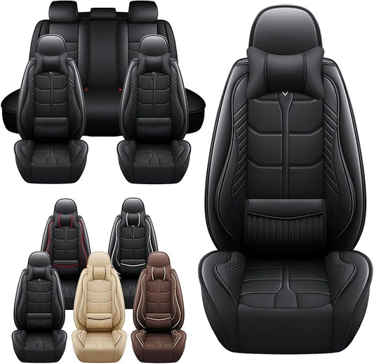 Leather Car Seat Covers Fit for Toyota Matrix 2003-2013, 5 Seater Car Seat Cover, Premium Waterproof, Scratch Resistant Car Interior Accessories (Full Set with Pillow Black)