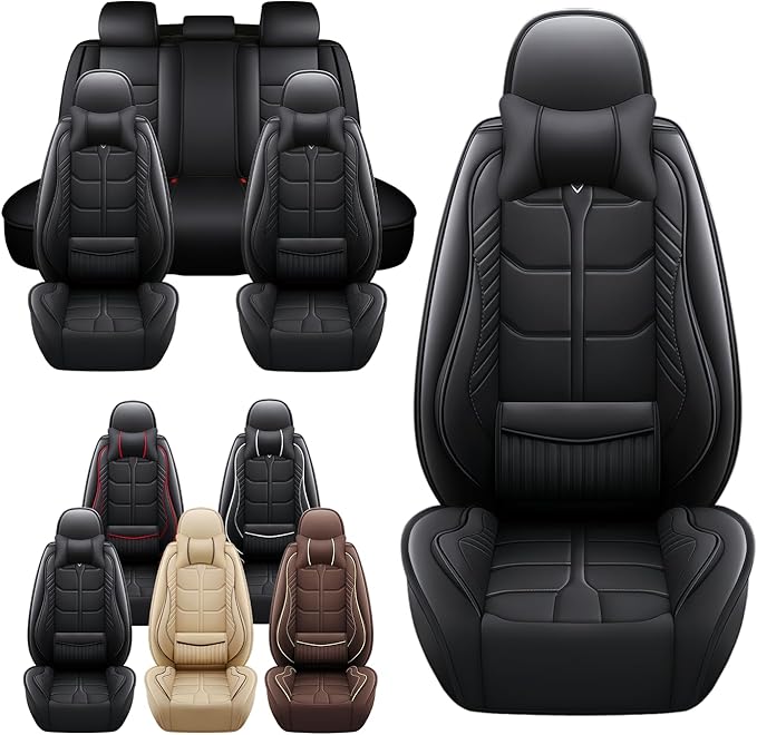 Leather Car Seat Covers Fit for Toyota Sienna 1997-2024, 5 Seater Car Seat Cover, Premium Waterproof, Scratch Resistant Car Interior Accessories (Full Set with Pillow Black)