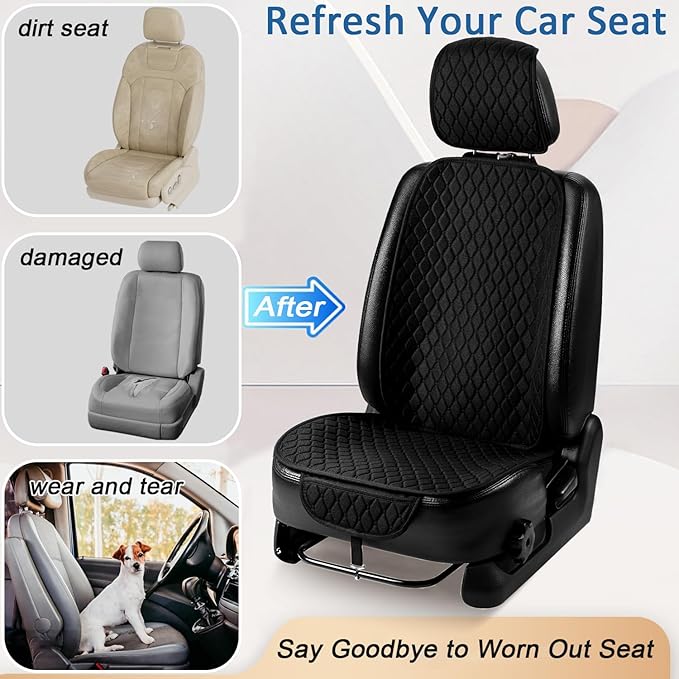Linen Car Seat Covers Front Seat Covers, Breathable Cloth Fabric Car Seat Protector with Storage Pocket Anti-Slip Car Seat Protector Universal Fit for 98% Cars SUV Trucks (2Pack Black)