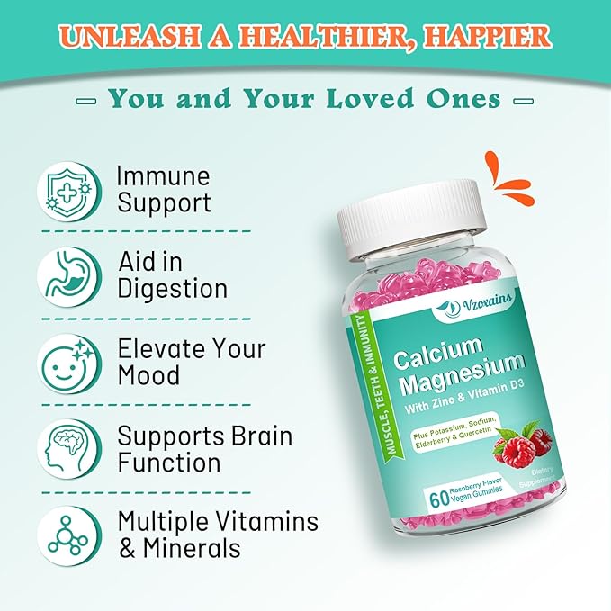 High Absorption Calcium Gummies, Calcium Magnesium Zinc with Magnesium Glycinate, Potassium, Vitamin D3 for Women & Men- Raspberry Flavored 60 Cts
