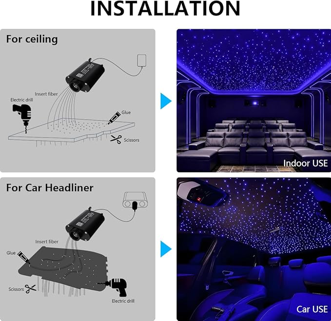 Small Size 16W Twinkle RGBW APP Fiber Optic Lights, Music Activated 550pcs*0.03in(9.8ft/3m) Optical Fiber Star Ceiling Light Kit for Car Truck Headliner Star/Home