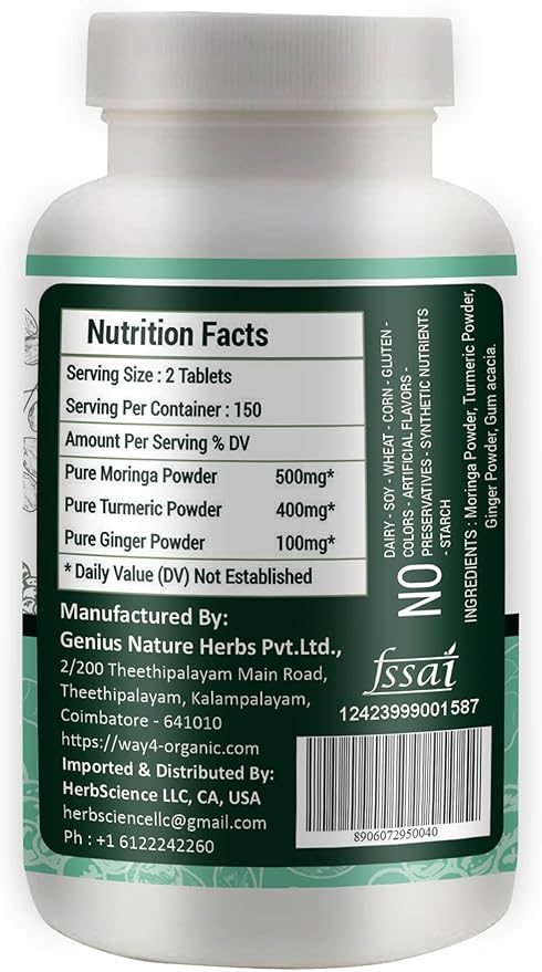 Moringa Tablets with Turmeric and Ginger, 300 Pills, 5 Month Supply, 150 Serving, 1000 Mg per Serving. One Capsule with Multiple Benefits - Supports Digestive Health(Pack of 1)