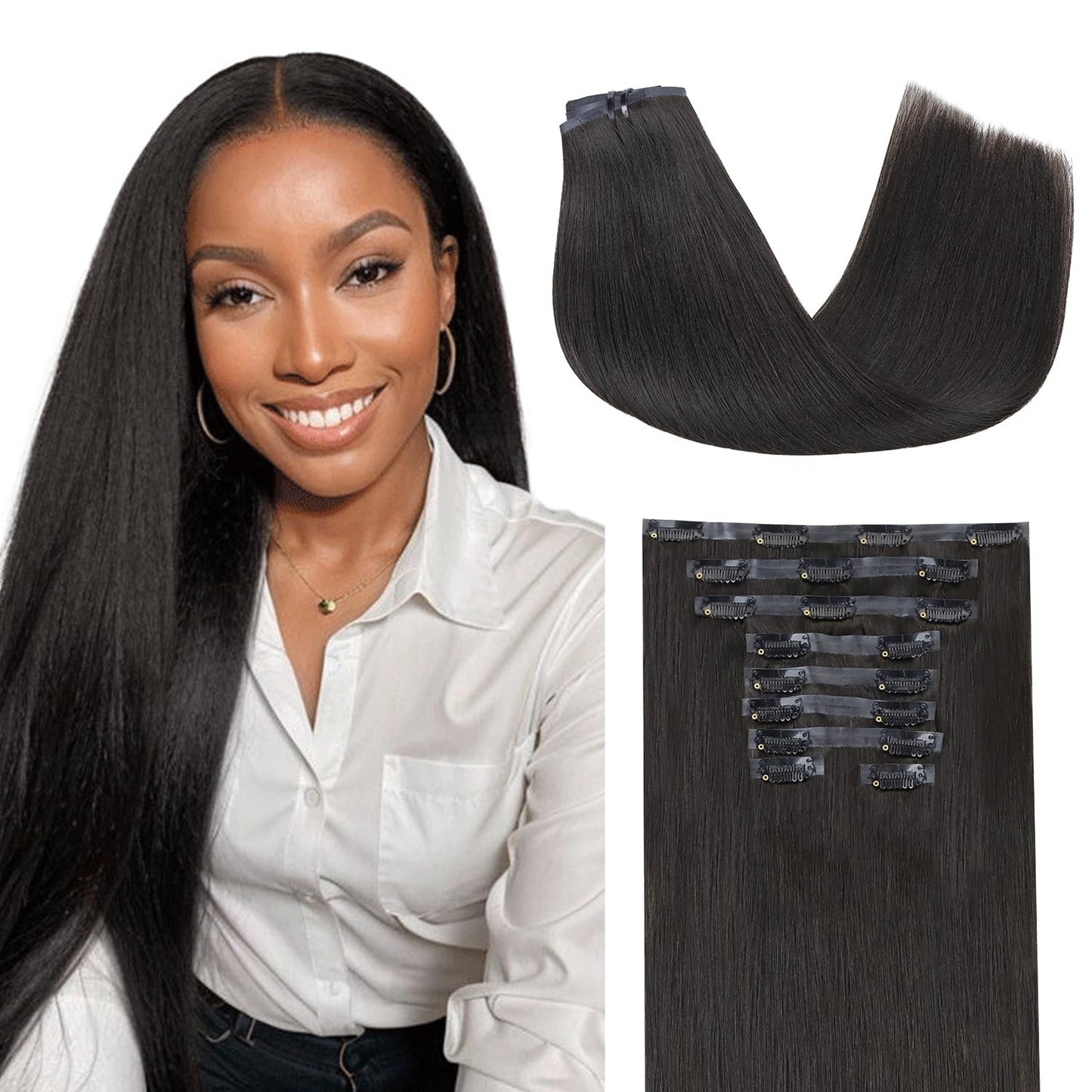 Lashey Clip In Hair Extensions 150G 9Pcs Yaki Straight Seamless Clip In Human Hair Extensions Natural Black 20 Inch Hair Extensi