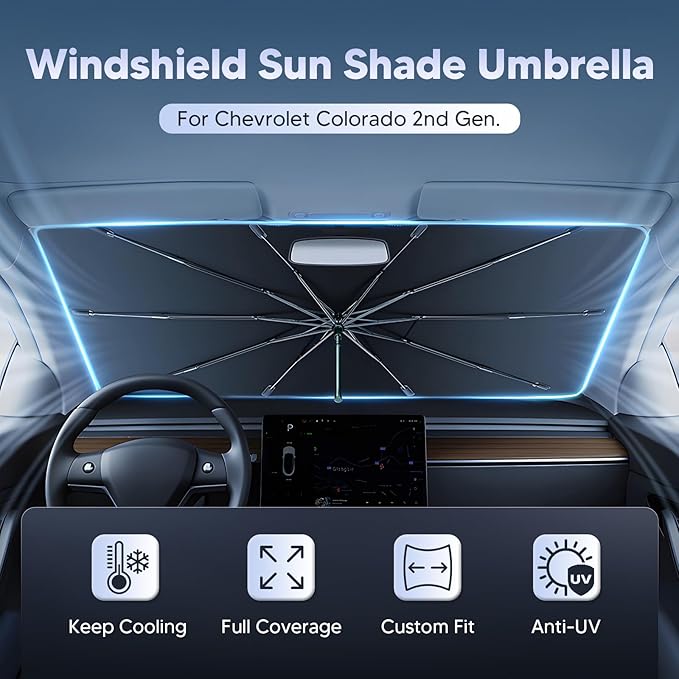 Autorder Windshield Sun Shade Umbrella for 2015-2022 Chevy Chevrolet Colorado Accessories,Upgraded Ice Crystal Material,Easy Setup Umbrella Sunshade for Car Windshield,100% Sun Blocking