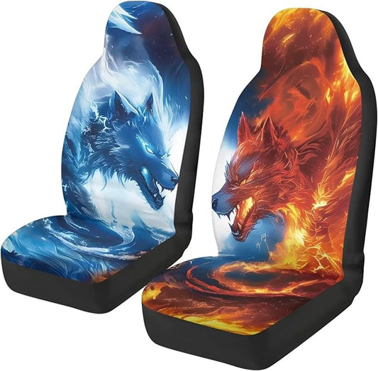 Fire and Ice Wolf Car Front Seat Covers Elastic Fabrics Universal Front Seat Cover Removable Automotive Accessories Easy Installation Suitable for Cars SUV