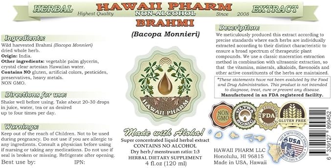 Brahmi Alcohol-Free Liquid Extract, Organic Brahmi Liquid (Bacopa Monnieri) Whole Herb Dried Glycerite Hawaii Pharm Natural Herbal Supplement 2x32 oz Unfiltered