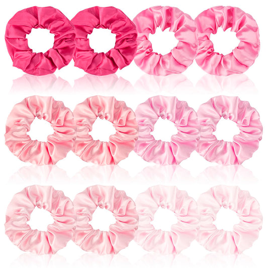 Satin Scrunchies Set Of 12 - Elastic Silk Bubble For Girls, Pink Hair Accessories And Valentine'S Day Gifts