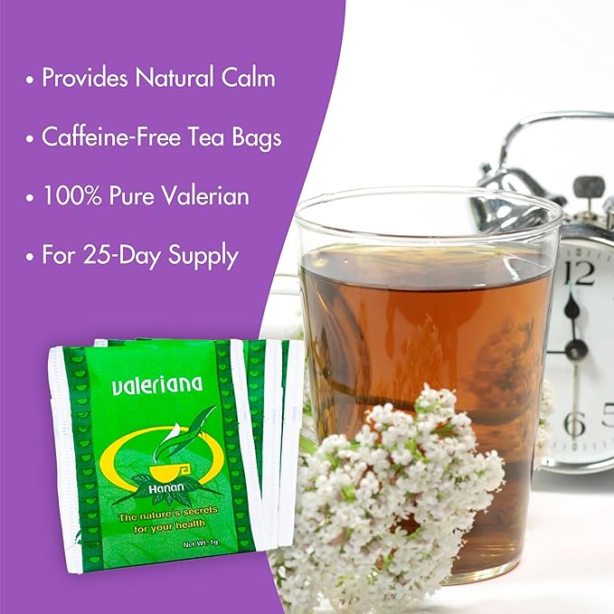 Hanan Valerian Root Tea for Bedtime 25 Bags - Te de Valeriana, Herbal Calming Night Tea - 100% Pure, Caffeine-Free, Non-GMO, Herb from Peru