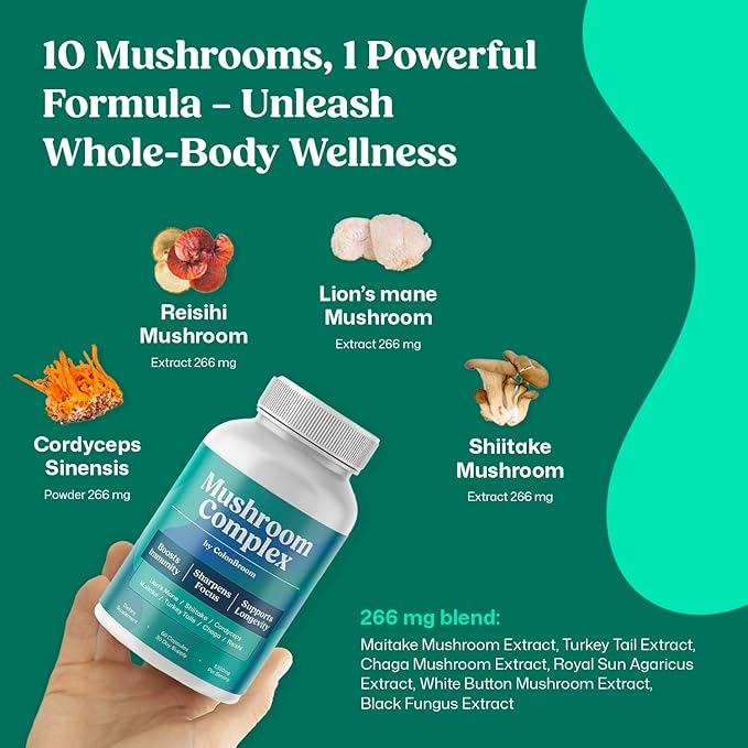 ColonBroom Mushroom Complex, Powerful Mushroom Blend with Cordyceps, Reishi, Shiitake, Lion’s Mane Extract for Energy, Immunity, Stress Relief & Cognitive Health - 60 Capsules, 30 Day Supply