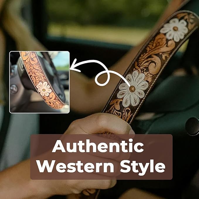 Western Steering Wheel Cover, Color Printed Embossed Hand-Painted Leather Western car Parts, for Women Man, Anti-Slip Design Easy to Install, for Trucks SUVs Cars (Style 2)