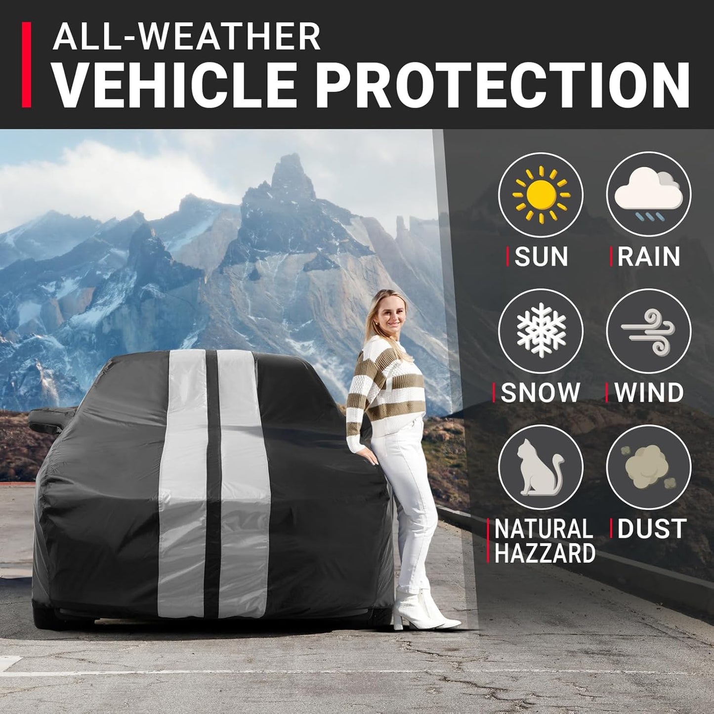 iCarCover Custom Car Cover for Pontiac Tempest (1987-1991) Waterproof All-Weather Rain Snow UV Sun Protector Full Exterior Indoor Outdoor Car Cover (Stripe - Black/Gray)