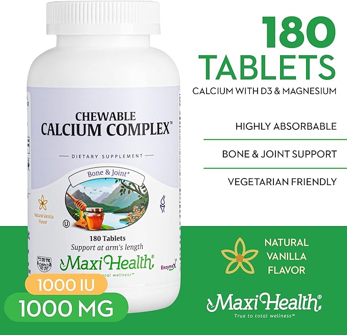 Maxi Health Chewable Calcium Complex - Support Healthy Bones - Vanilla Flavor - 180 Chewies - Kosher