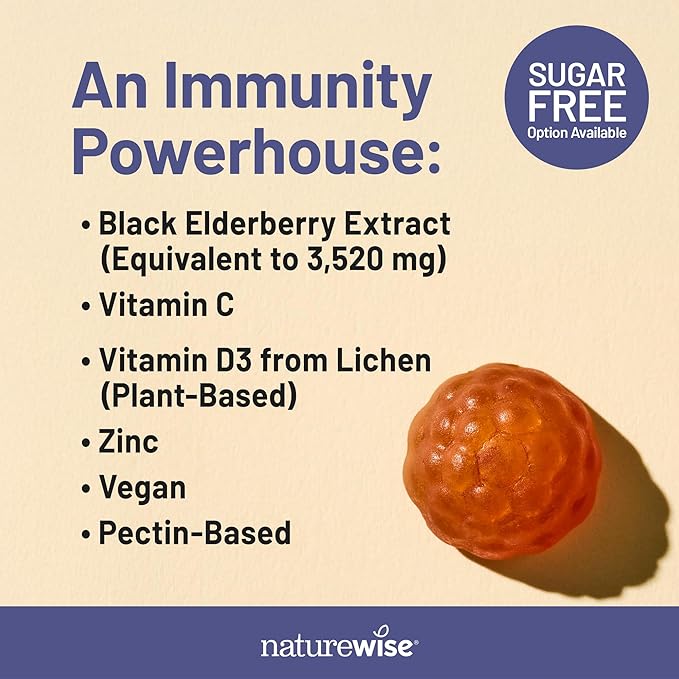 NatureWise Sambucus Elderberry Gummies - Immune Support Supplement for Kids Ages 4+ & Adults with Vitamin C, D3, Zinc - Elderberries Equivalent to 3520mg - Vegan, Non-GMO - 180 Count[90-Day Supply]