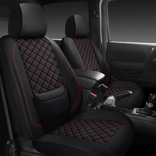 Wrangler Seat Covers 2007-2026 Full Set, Waterproof Leather Interior Sets with Lumbar Support Custom Fit for Jeep Wrangler JK JL 4 Door Unlimited Sahara/Sport/Rubicon X 392 Willys, Black Red