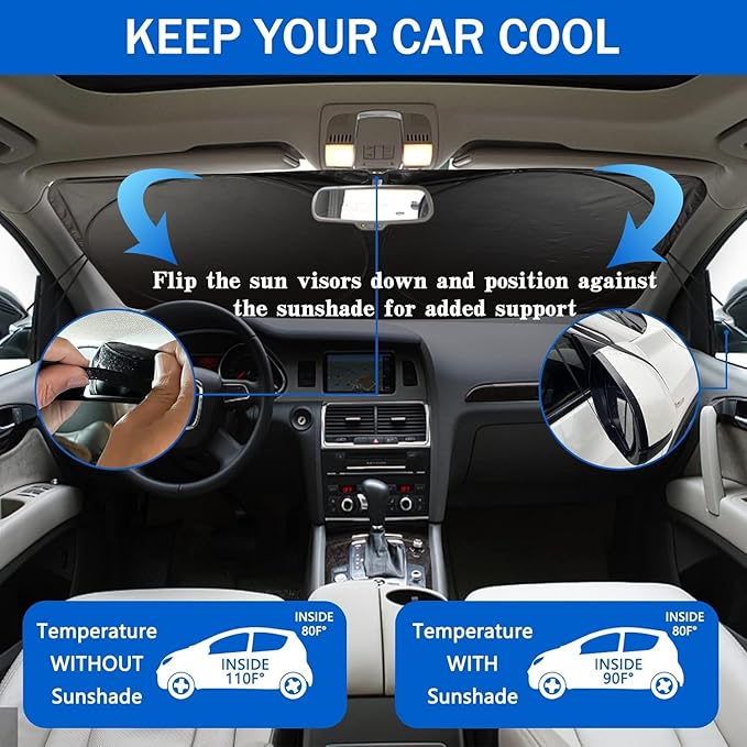 Car Windshield Sun Shade, Car Sun Shade Cute Bow Visor for CarWindshield, Wear-Resistant Black Tape, Foldable 59'x27.5'/63''x31.5''