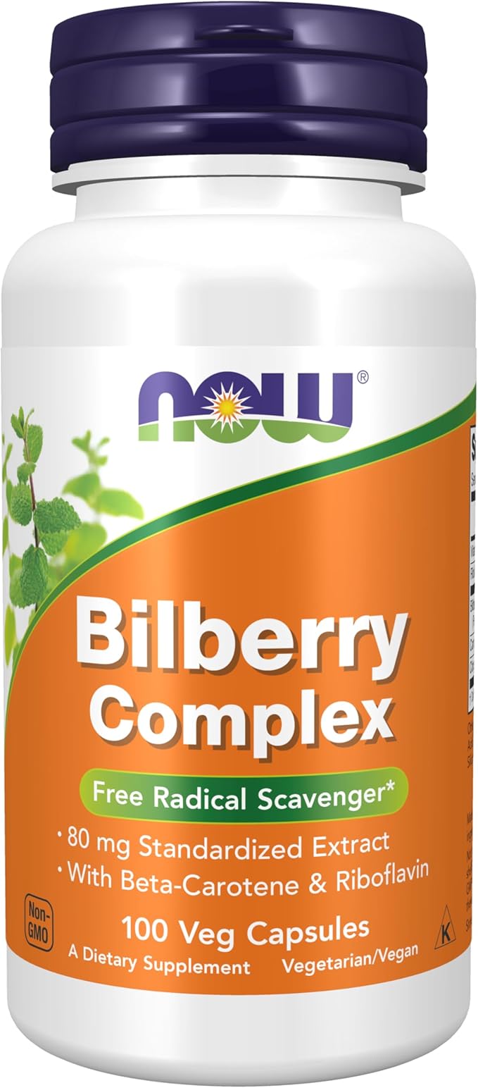 NOW Foods Supplements, Bilberry (Vaccinium myrtillus)Complex 80 mg with Beta-Carotene & Riboflavin, 100 Veg Capsules