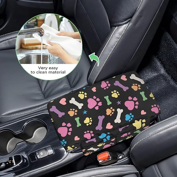 Dreaweet Colorful Dog Paw Center Console Cover for Car Thick Arm Rest Cover Pad Cute Car Armrest Cushion with Pockets Scratch Proof Universal Fit for SUV Sedan Truck