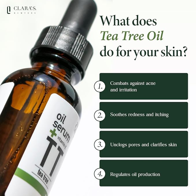 CLARA'S NEW YORK Glycolic Acid Facial Serum with Vitamin E for Exfoliating Smoothing Glowing Face Skin - Made in USA 30ml (1Fl/Oz) (Tea Tree)