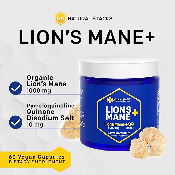 Organic Lions Mane Supplement Capsules - 1000mg Lions Mane Mushroom with 10mg PQQ - Brain Cell Optimizer for Memory, Learning, Mitochondrial Function - 60 Fruiting Body Mushroom Capsules