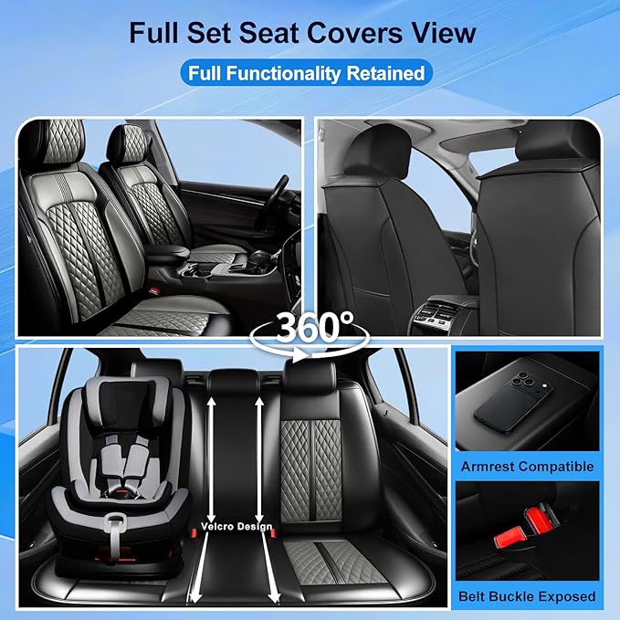 Fit CX-5 Car Seat Covers for Select Mazda CX5 2013-2024 2025 2026 - Premium Full Coverage Leather, Airbag Compatible, Waterproof & All Weather Seat Protector, Front Pair Black+Gray