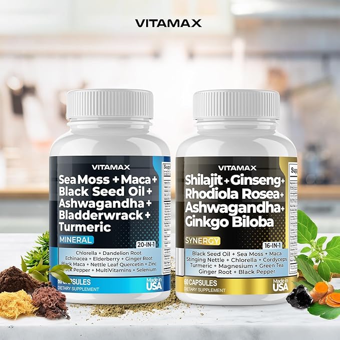 Pure Himalayan Shilajit Supplement, Sea Moss, Ashwagandha, Bladderwrack, Gingko Biloba, Organic Capsules & Trace Mineral for - Non-GMO - Vegan - Men and Women – Made in USA