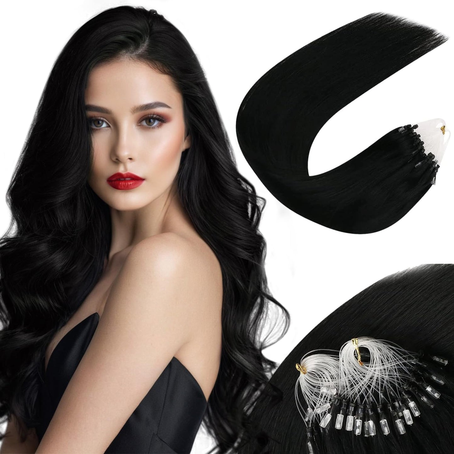 Sunny Hair Black Micro Loop Hair Extensions Real Human Hair 16Inch Micro Link Hair Extensions Human Hair Jet Black Microloop Hai